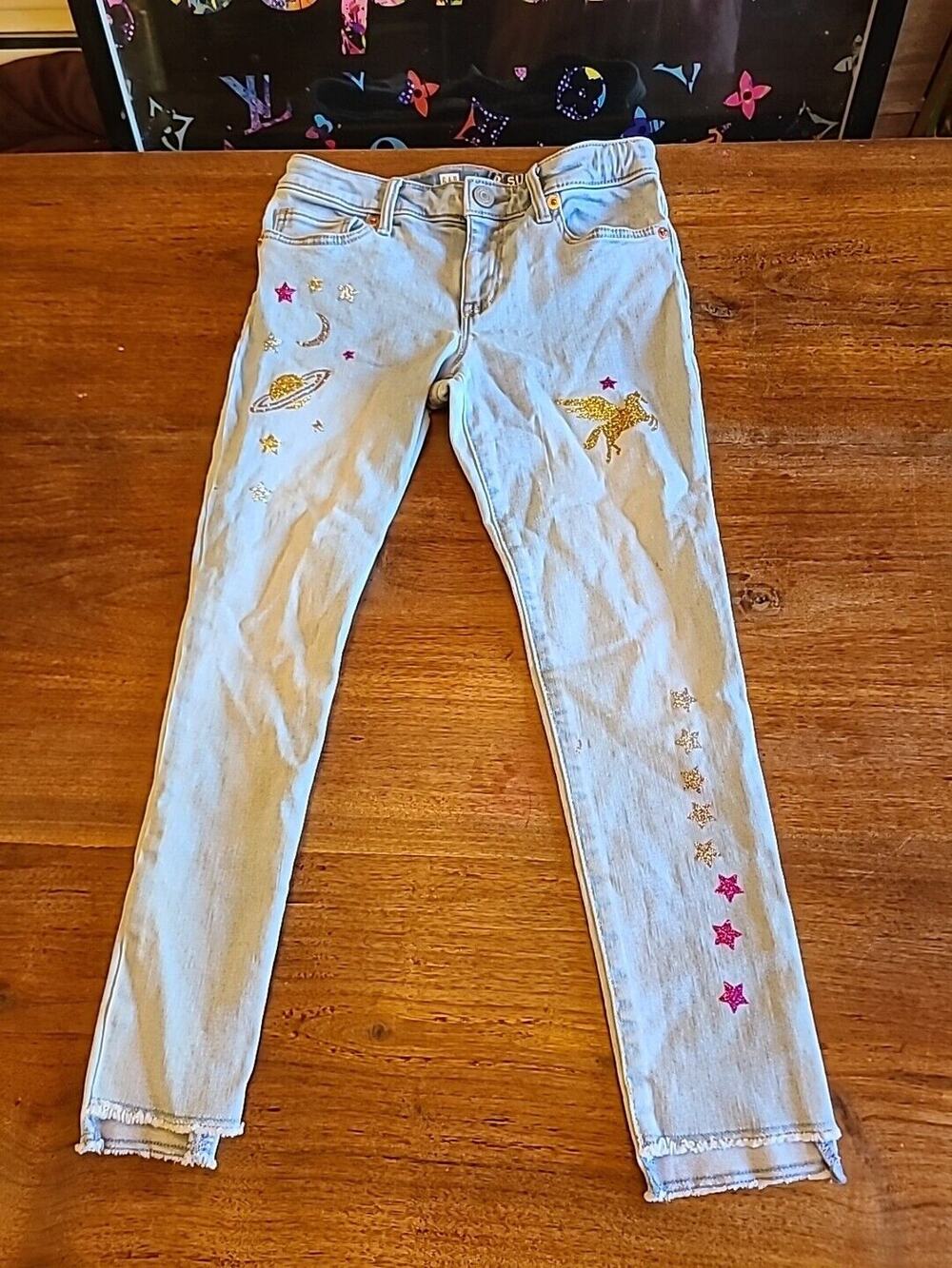 GAP Kids Super Skinny Ankle Jeans Adjustable Waist Size 8 Glitter Stars